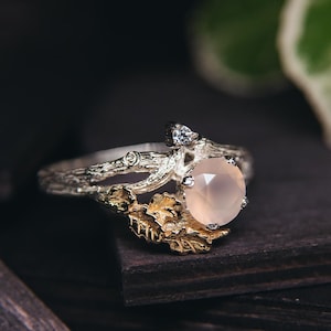 Silber und Gold Ring mit Rosenquarz Stein für Sie, Frauen Einzigartige gemischte Metall Ring mit Eichenblätter, Edelstein Silberring mit Goldblatt