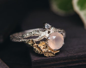 Silver and Gold Ring with Rose Quartz Stone for Her, Women Unique Mixed Metal Ring with Oak Leaves, Gemstone Silver Ring with Gold Leaf