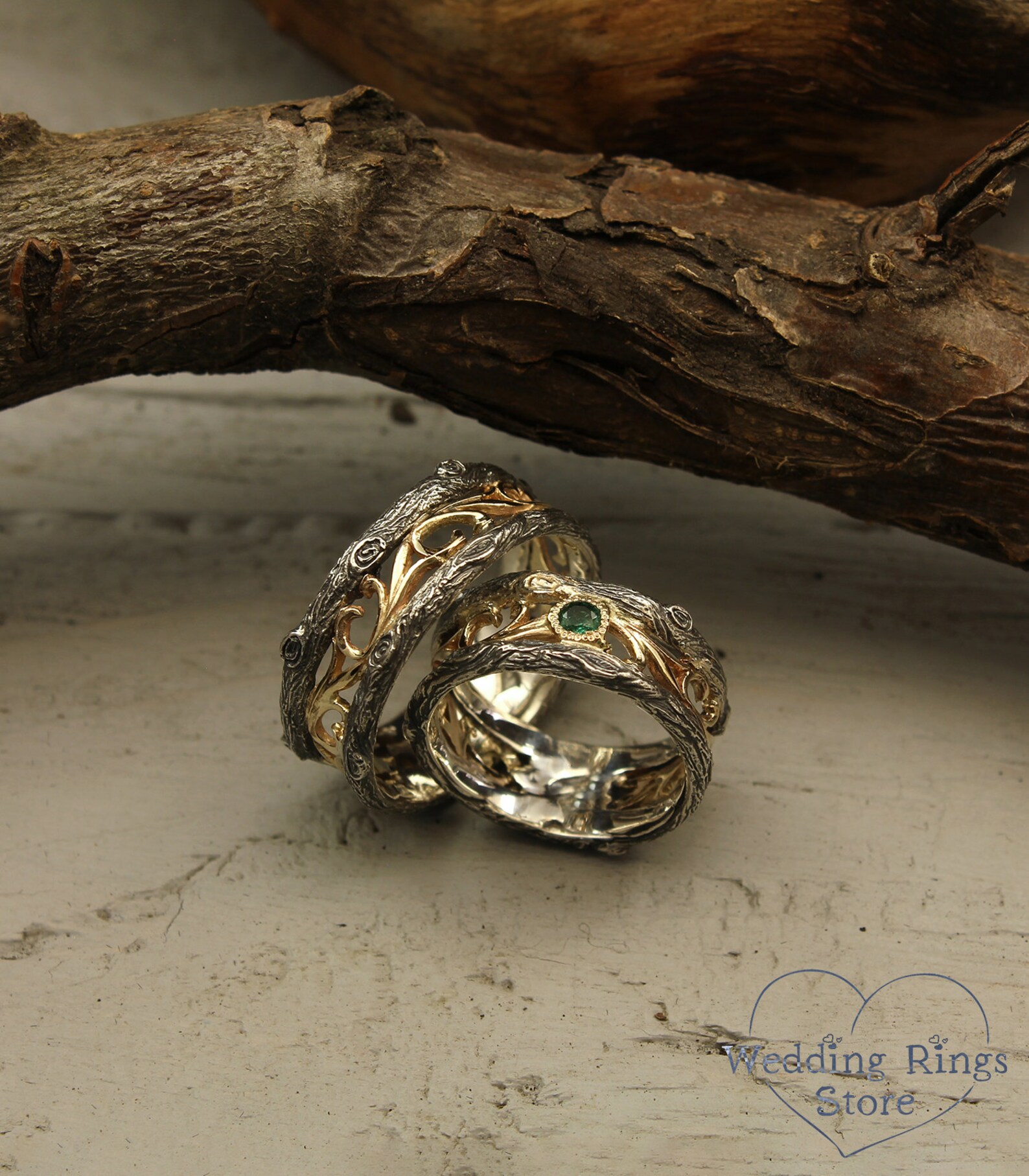 His and Her Vine and Tree Wedding Bands Set With Emerald Vine - Etsy