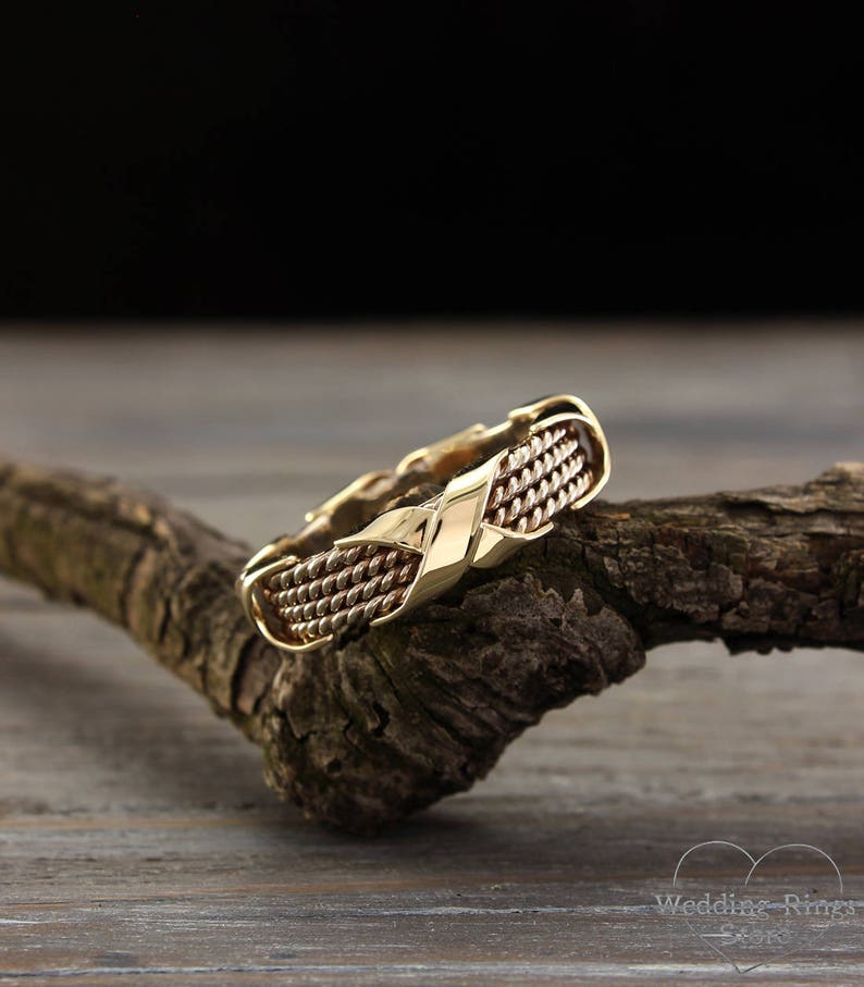 Men's Two Tone Gold Cross Wedding Band Unique Mens Cross Etsy