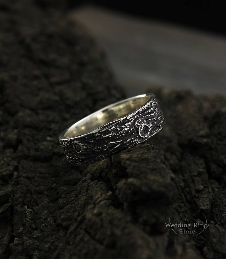 Tree bark wedding band, Rustic wedding ring, Family tree wedding ring, Nature silver ring, Large wedding band, Men's band, Women ring image 7