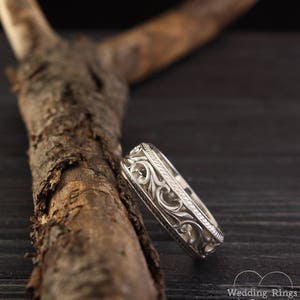 Filigree & Vine Wedding Band for Women and Men, Unique Sterling Silver Ring Vintage Style, Old Fashioned Style Medieval Ring Band and Leaves image 3