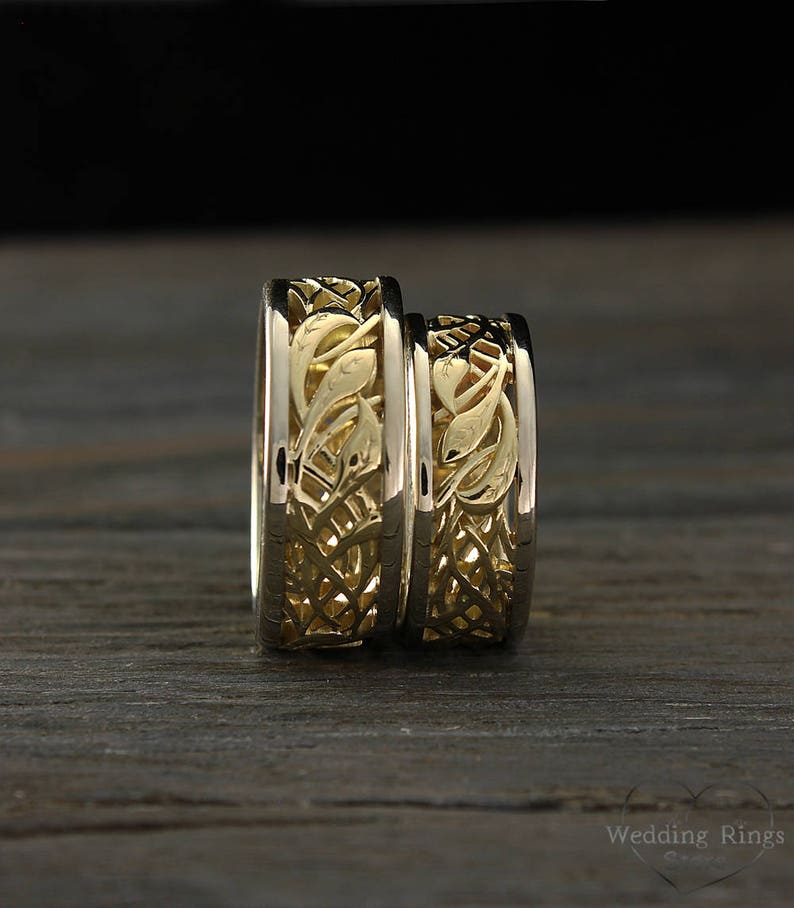 His and Her vintage style wedding bands set Two tone gold Etsy