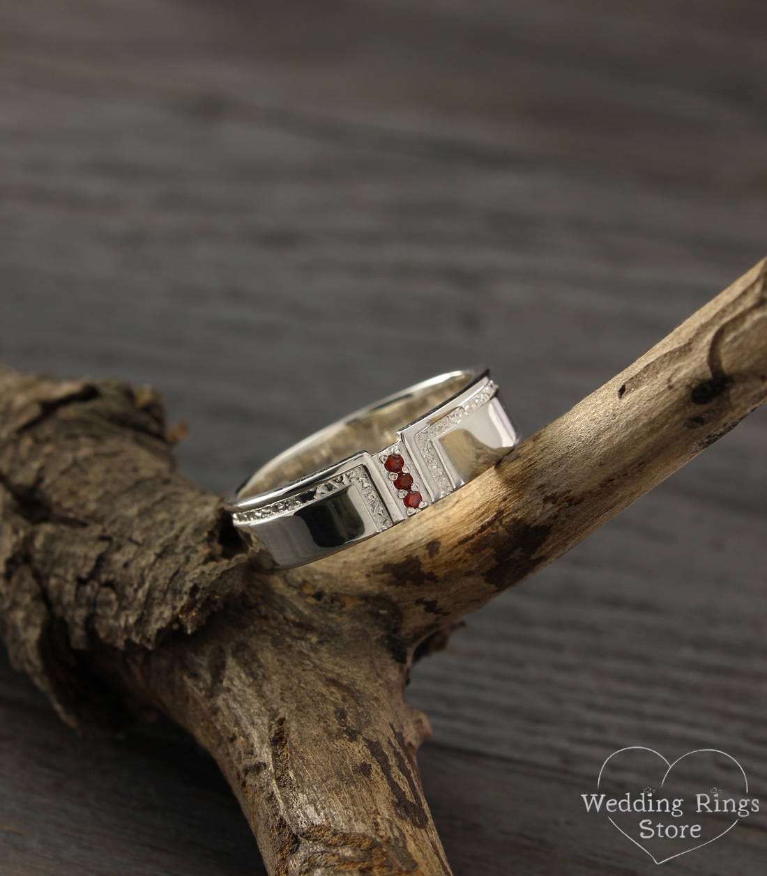 Garnet wedding band, Men's garnet wedding ring, Men's silver band, Garnet silver ring, Flat wedding ring, Men's engagement ring, Mens gift
