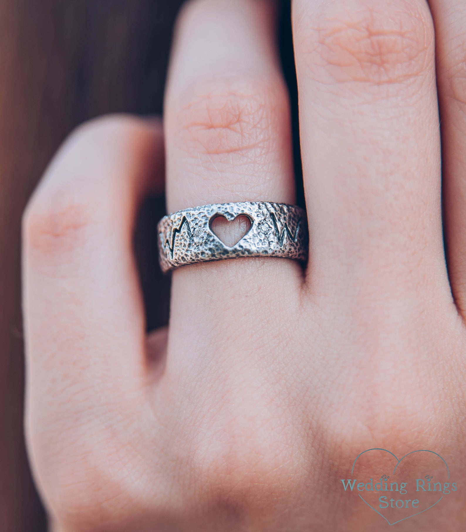 Unique Heartbeat Wedding Band With Heart Hammered Heart Etsy