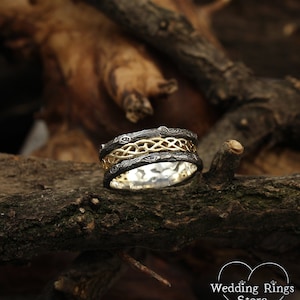 Tree mixed metals wedding band with celtic pattern, Celtic wedding band, Tree silver and gold ring, Celtic and tree bark band, Unique ring image 3