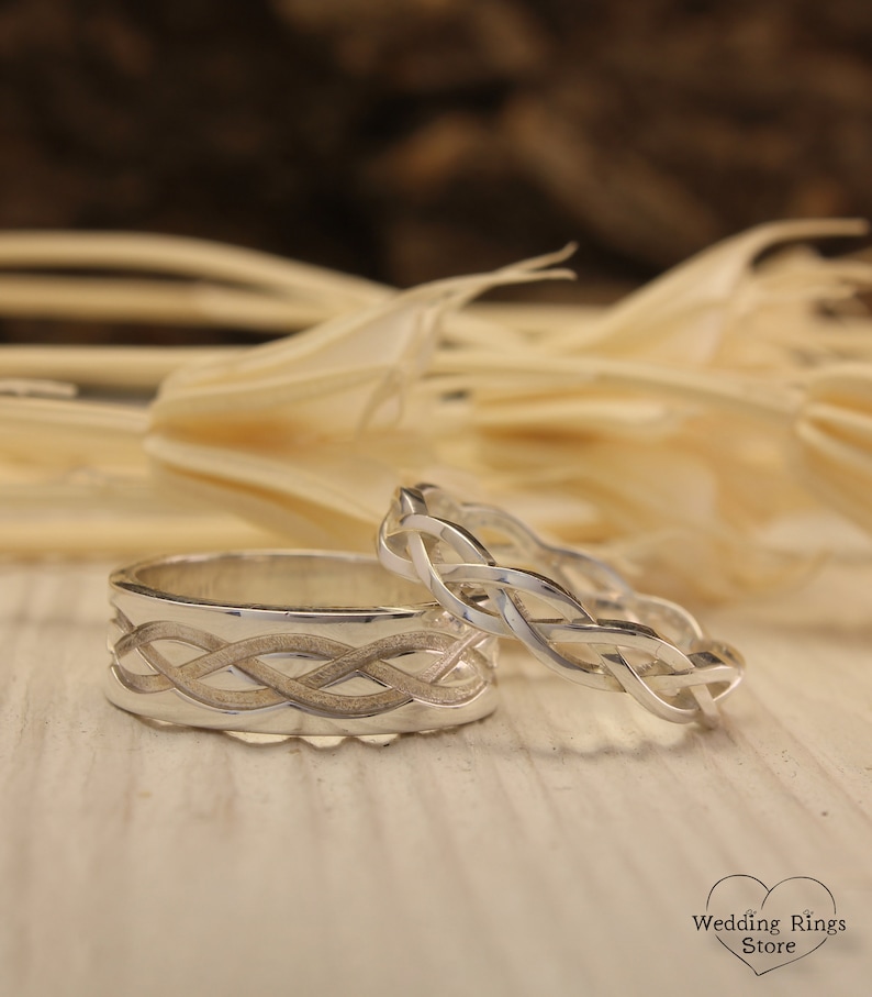 Geflochtene keltische Eheringe Set für Sie und Ihn, Silber passende Ringe für Paare Infinity Design, irischer Vintage-Stil passende Versprechensringe Bild 10