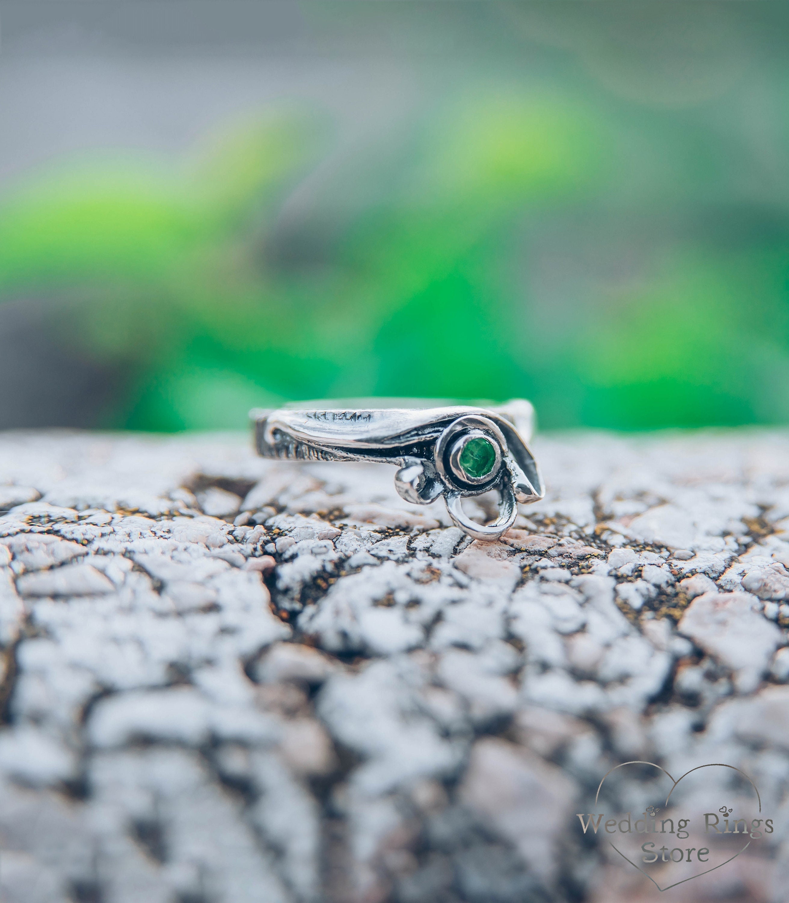Nature unique silver ring with weave leaves, Natural green stone wedding ring, Emerald engagement ring women's, Sister Gift Christmas