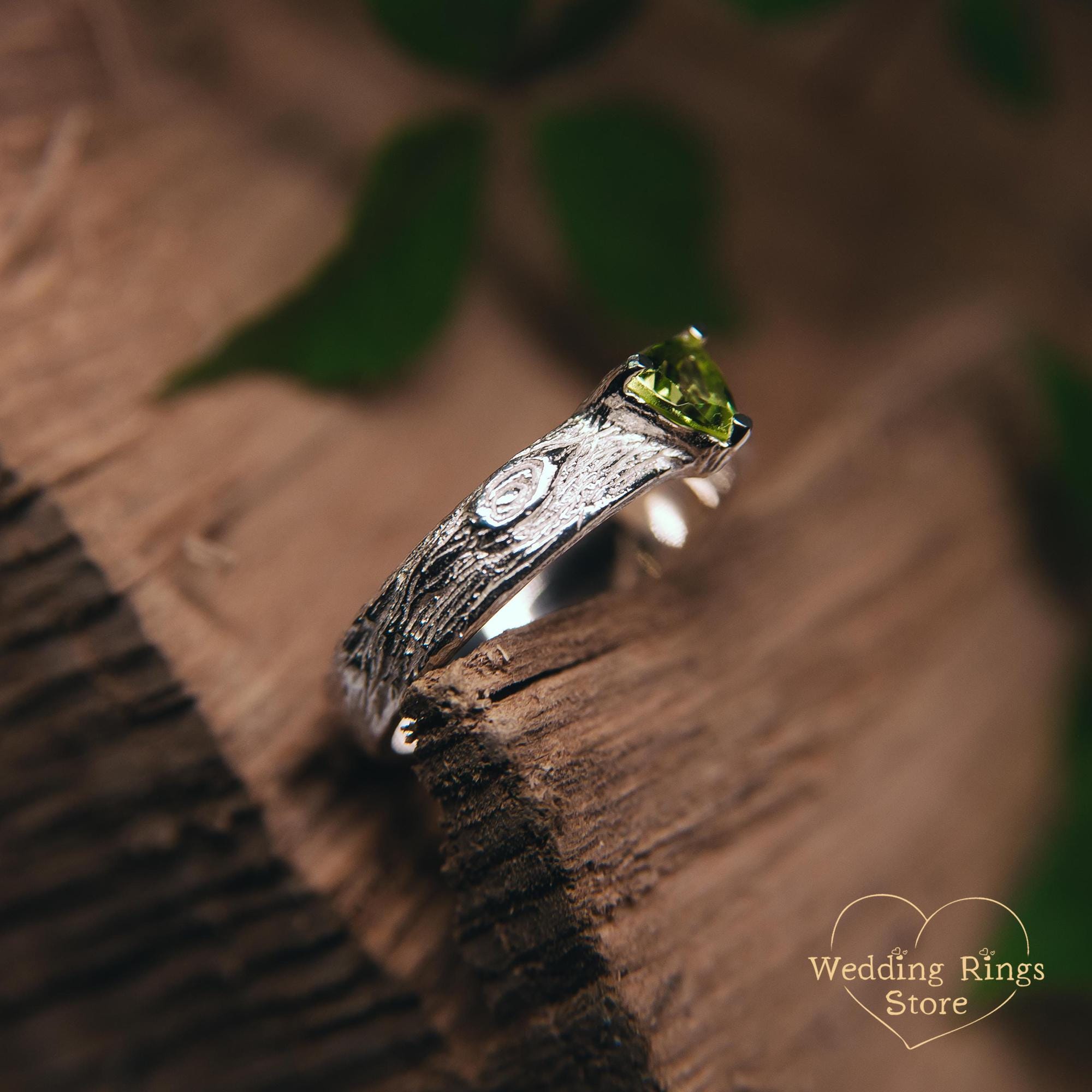 Tree Bark and Peridot Mens Engagement Ring Silver Wood Texture Unique Tree Bark and Peridot Mens Engagement Ring Silver Wood Texture Unique