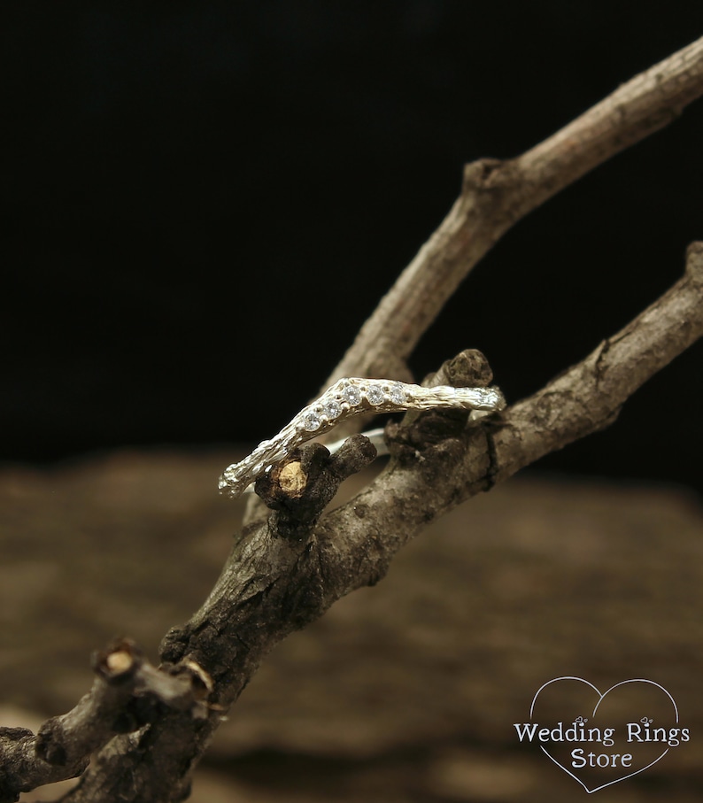 Tiny Tree bark Chevron Ring, Unique Silver V Ring, Thin Silver Stacking Ring Woodbark and Gemstones, CZ Curved Wedding Band for Women image 8