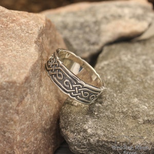 Mens Celtic Wedding Band Wide Silver Ring Viking Wedding Ring Vintage style ring Scottish Ring Brutalist Sterling Silver Band image 3