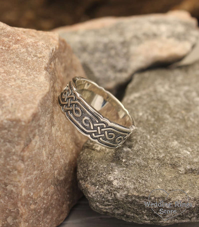 Mens Celtic Wedding Band Wide Silver Ring Viking Wedding Ring Vintage style ring Scottish Ring Brutalist Sterling Silver Band image 3