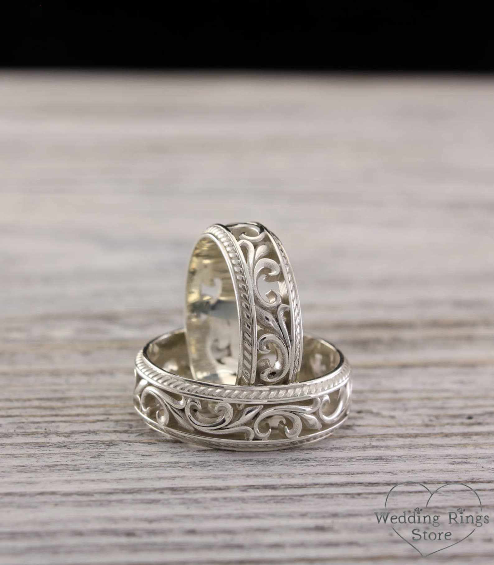Vintage Style Silver Wedding Bands Nature Wedding Rings Etsy