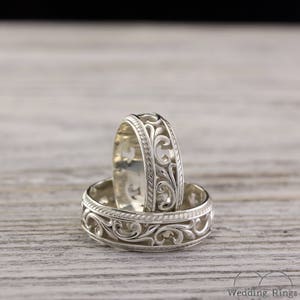Vintage style silver wedding bands, Nature wedding rings, Couple rings, Leaves wedding band set, Expensive silver rings, Unique set ring image 3