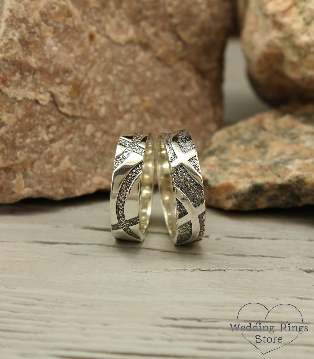 Unique Silver Wedding Bands, Geometrical Bridal Rings Set, Sterling ...
