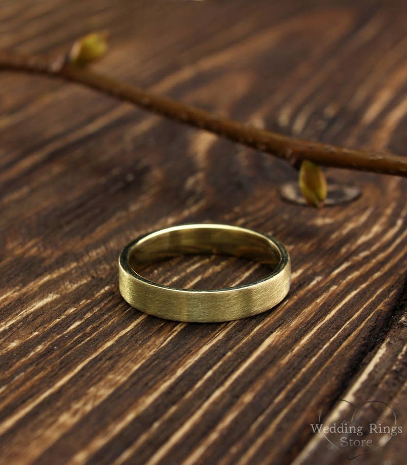 14k solid yellow gold band Simple wedding band Matte finish flat ring Traditional wedding ring 4mm yellow gold classic wedding ring