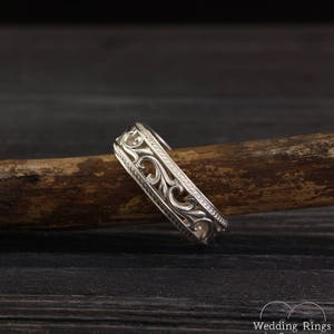 Filigree & Vine Wedding Band for Women and Men, Unique Sterling Silver Ring Vintage Style, Old Fashioned Style Medieval Ring Band and Leaves image 7