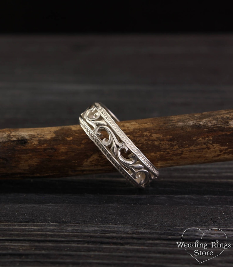 Filigree & Vine Wedding Band for Women and Men, Unique Sterling Silver Ring Vintage Style, Old Fashioned Style Medieval Ring Band and Leaves image 7