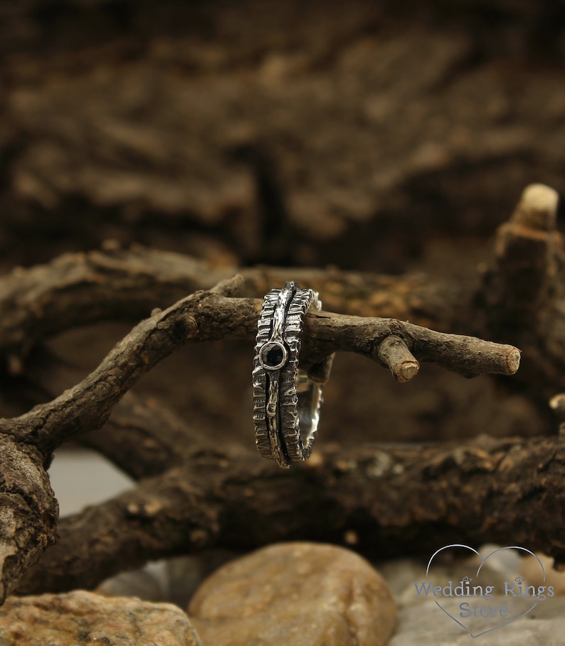 Tree bark band with sapphire Unusual tree wedding band 5mm wedding band Unique durable wedding band Rustic ring Sapphire silver ring