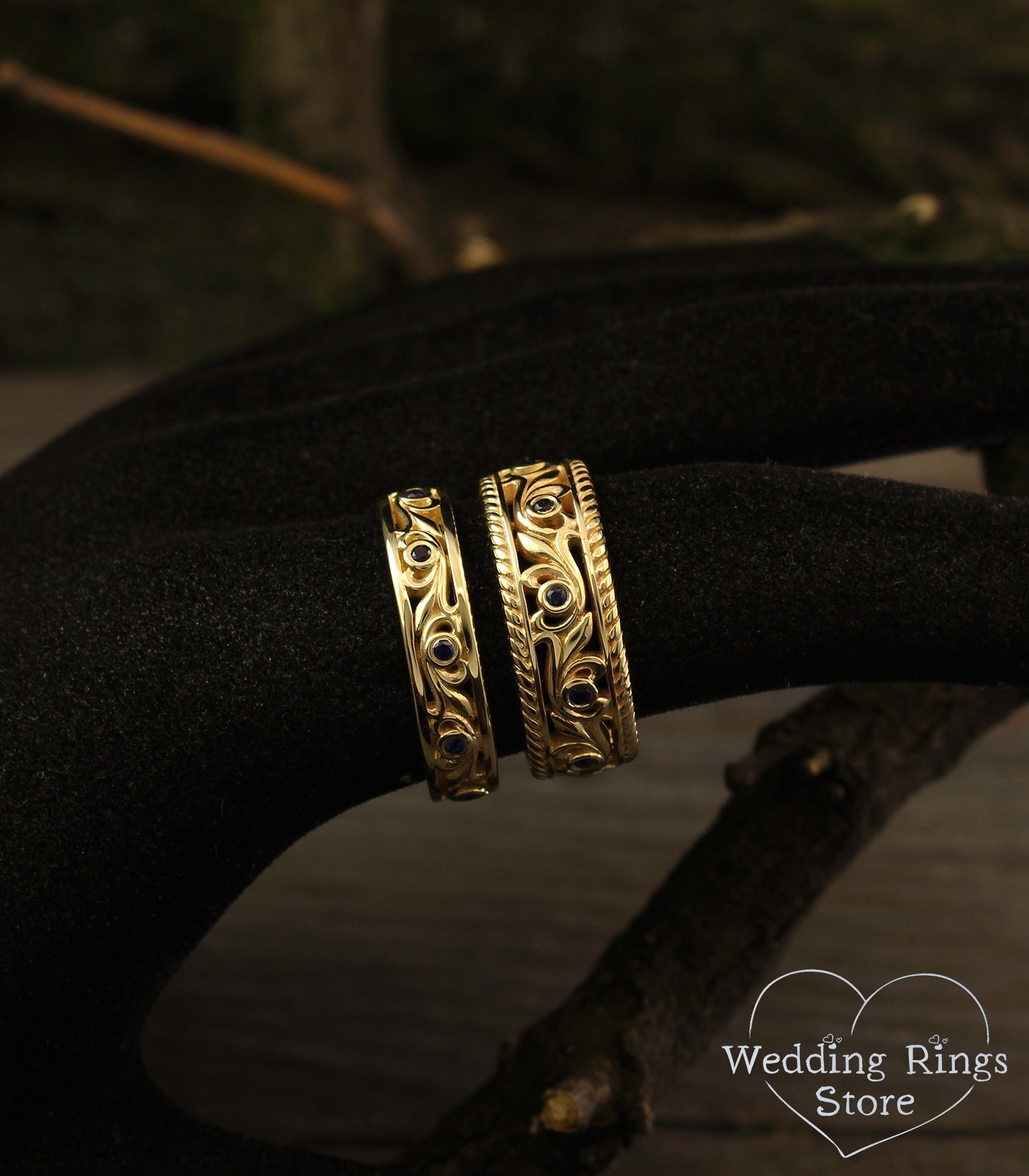 Vintage style wedding bands set with sapphires Vine wedding Etsy