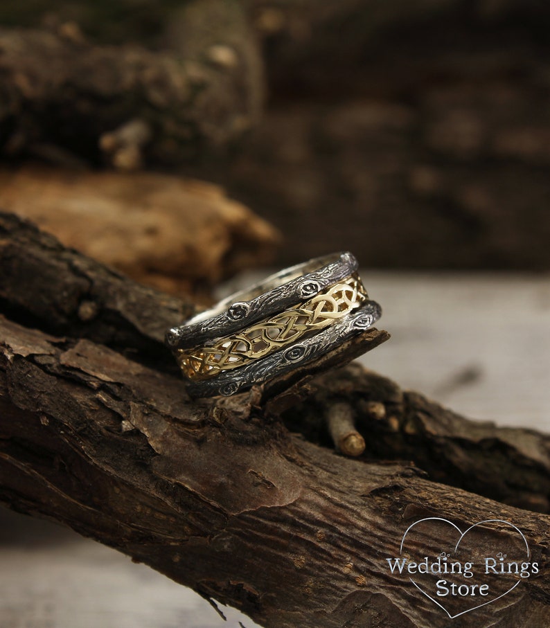 Tree mixed metals wedding band with celtic pattern, Celtic wedding band, Tree silver and gold ring, Celtic and tree bark band, Unique ring image 7