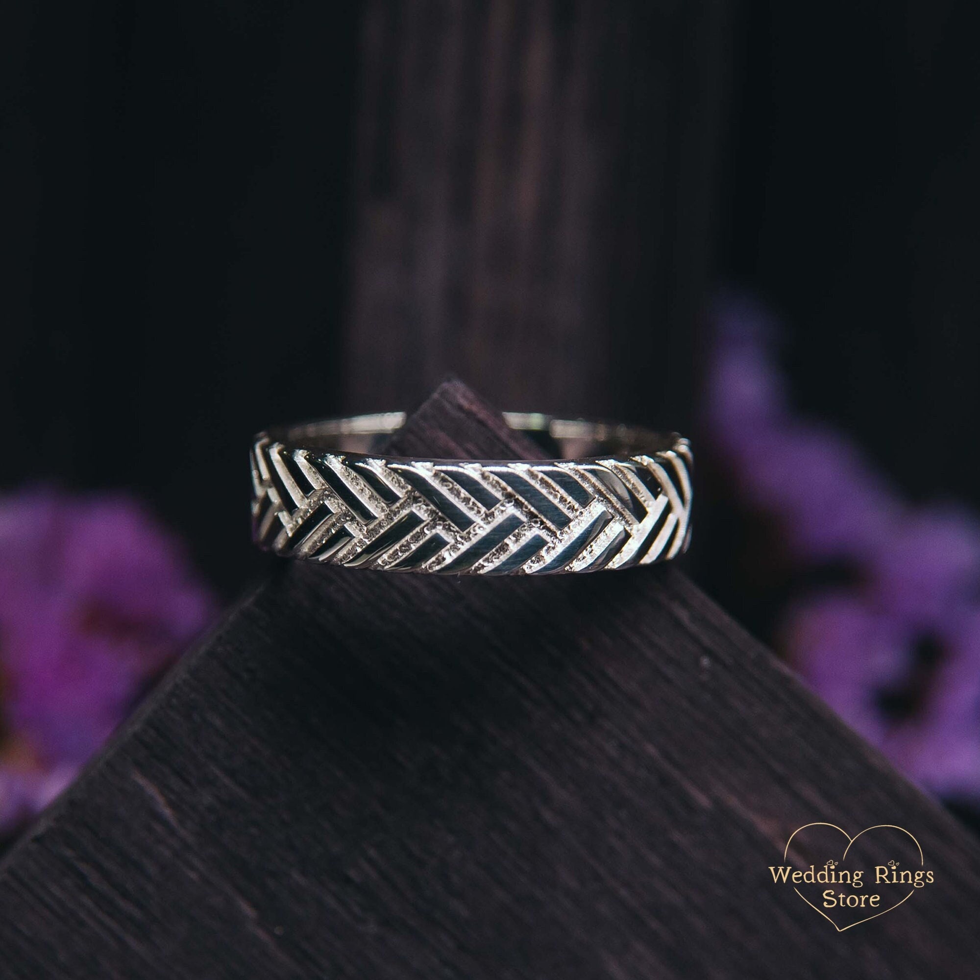 Herringbone Silver Ring - Stylish Geometric Pattern Ring