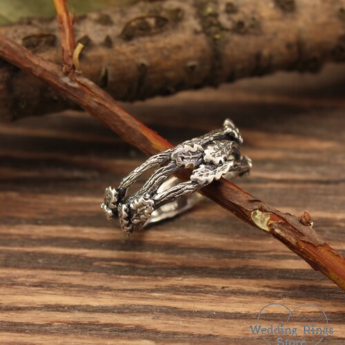 Oak Leaf Silver Wedding Band — Leaves shops on Split Branch Ring — Unique Statement Nature Ring — Purity Promise Ring for Her — Fall Birthday Gift