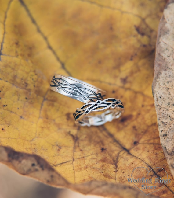 Engraved Celtic Knot Couple Wedding Bands Set His and Hers Unique Sterling Silver Matching Viking Rings, Irish Couples Rings Set Anniversary