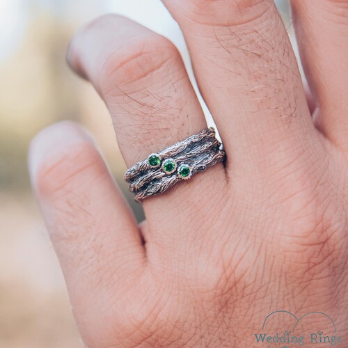 Unique Tree Bark Wedding Band With Emerald Branch and Knots Etsy