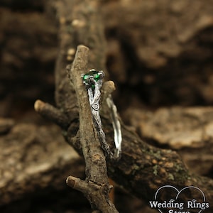 Emerald dainty branch engagement ring, Tiny twig engagement ring, Unique women's twig ring, Tree bark sterling silver ring, Emerald ring image 4