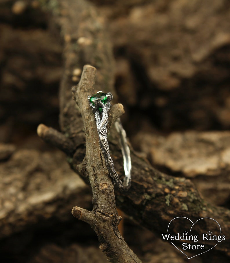 Emerald dainty branch engagement ring, Tiny twig engagement ring, Unique women's twig ring, Tree bark sterling silver ring, Emerald ring image 4