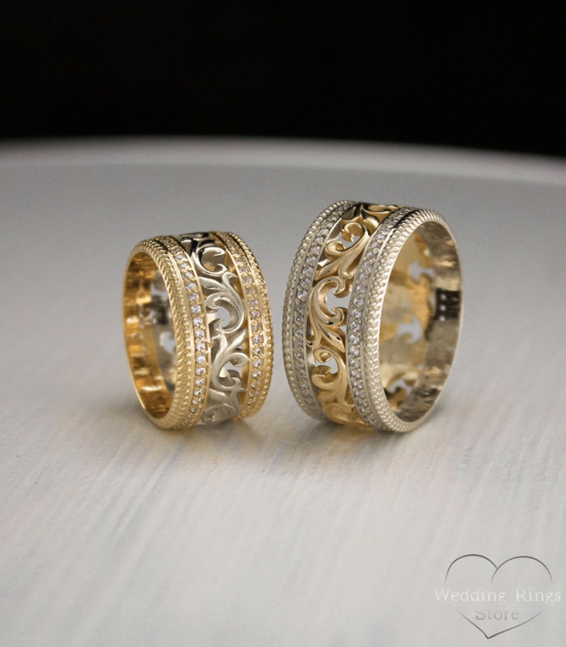 Vintage style two tone gold wedding bands Unique matching Etsy