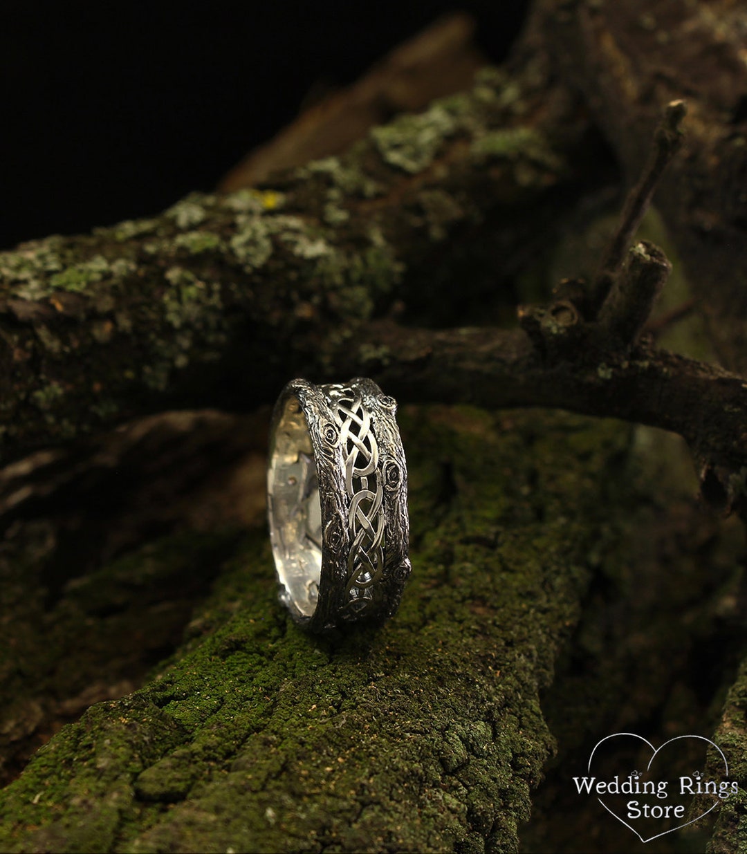 Sterling Silver Tree Stump Signet Ring, Tree Bark Ring
