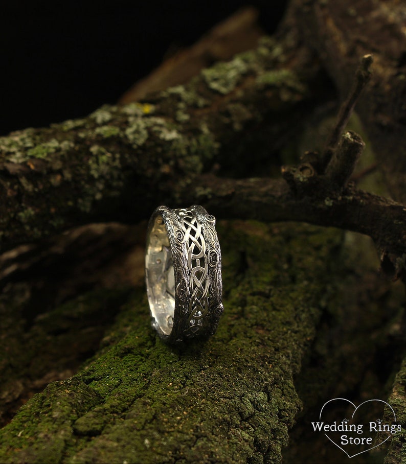 Unique silver tree band with celtic pattern, Tree silver wedding band, Celtic wedding ring with tree bark, Wide silver ring, Unusual band image 1