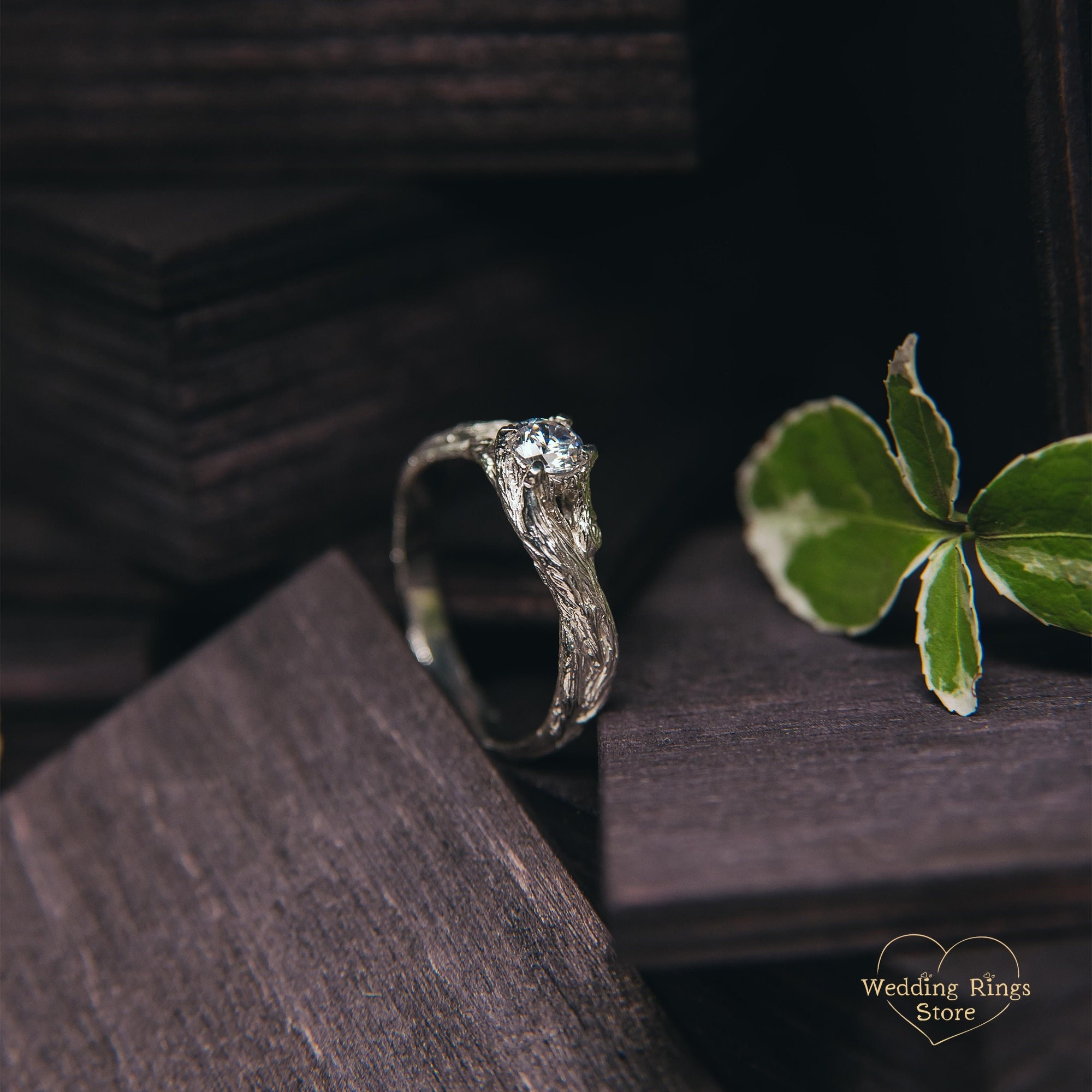 Sterling Silver Solitaire Round Cut Diamond ring for Womens, Her Nature Inspired Engagement Ring, Gift for Girlfriend, White Stone Ring