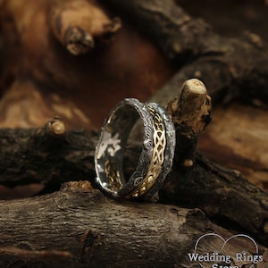 Tree mixed metals wedding band with celtic pattern, Celtic wedding band, Tree silver and gold ring, Celtic and tree bark band, Unique ring image 6