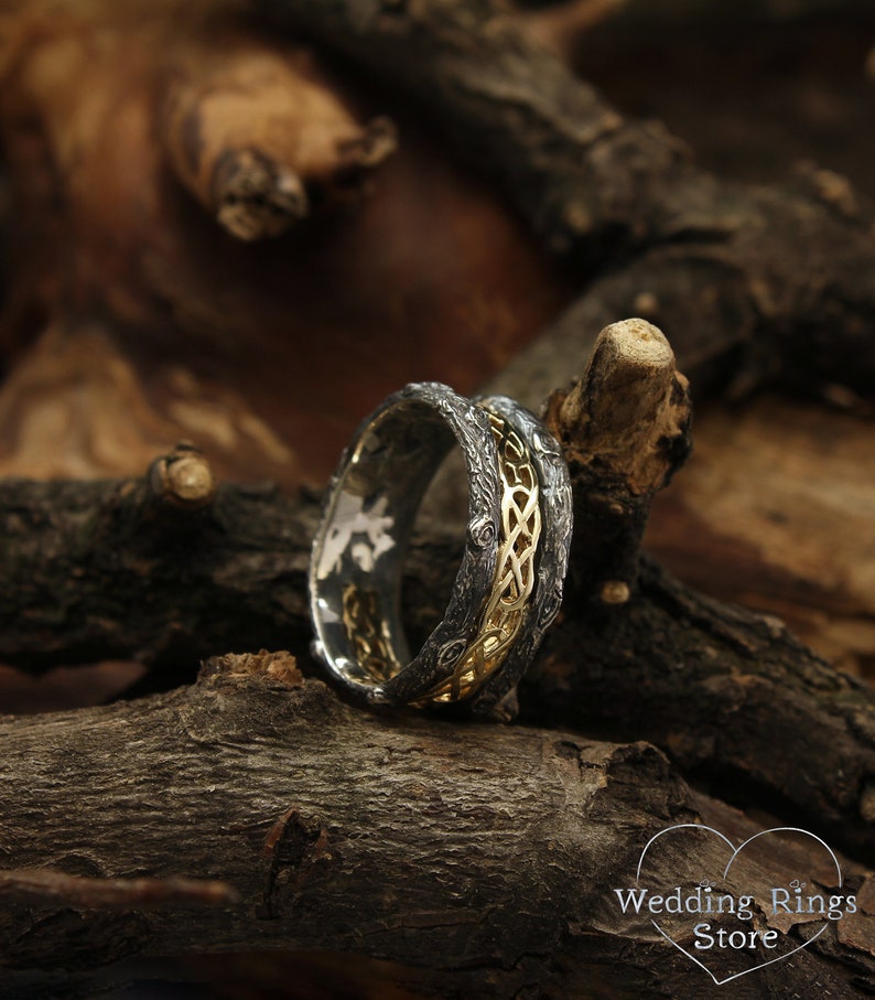 Tree mixed metals wedding band with celtic pattern, Celtic wedding band, Tree silver and gold ring, Celtic and tree bark band, Unique ring image 6