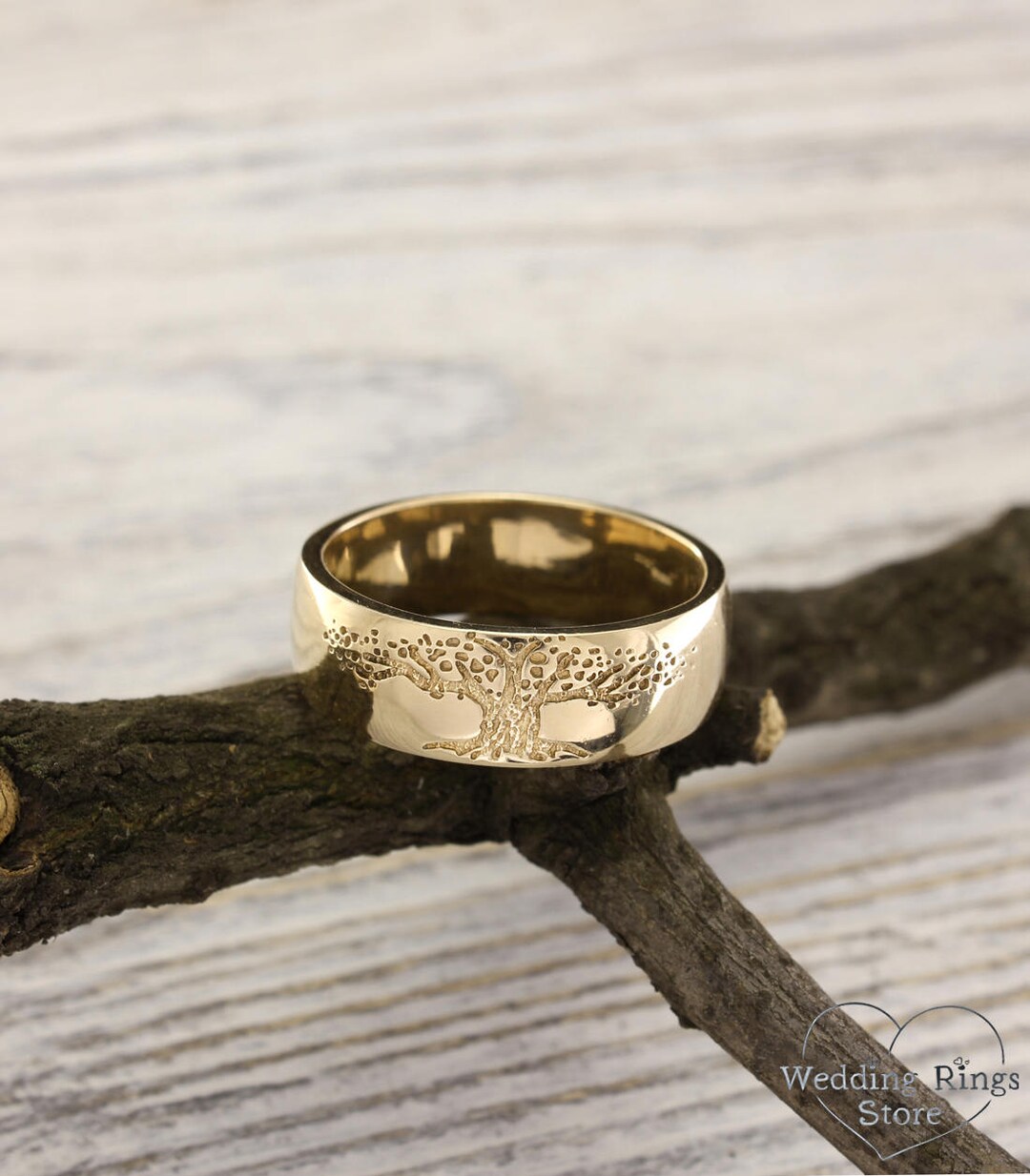 Tree Men's Wedding Band, Family Tree Wedding Ring, Men's Yellow