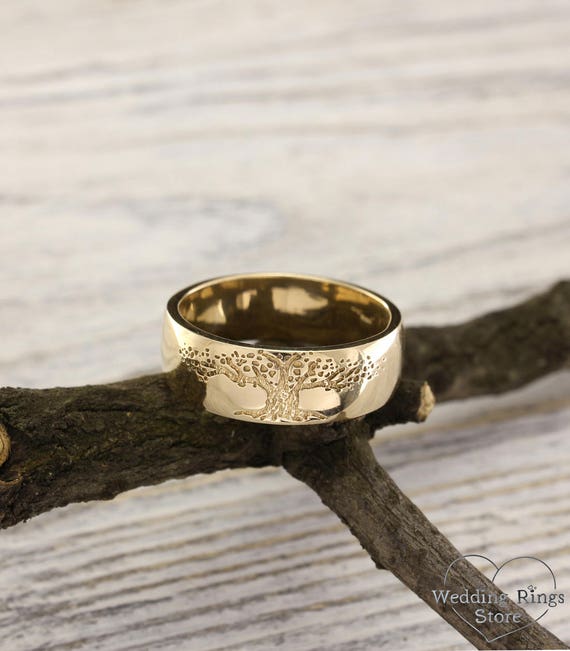 BECOME TREE ゴールドリング Tree Men's Wedding Band, Family Tree Wedding Ring, Men's Yellow