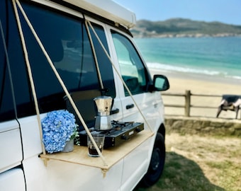 VW Bus van outdoor table outdoor kitchen camping vanlife van rope hanging outdoor table camping table cooking table hanging table hanging shelf Defender
