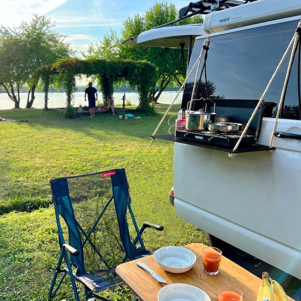 VW bus van outdoor table outdoor kitchen camping vanlife van rope hanging outdoor table camping table cooking table hanging table hanging shelf bus shelf