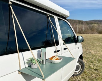 VW bus van outside table outdoor kitchen camping vanlife van hanging outside table camping table cooking table hanging table hanging shelf bus shelf Defender