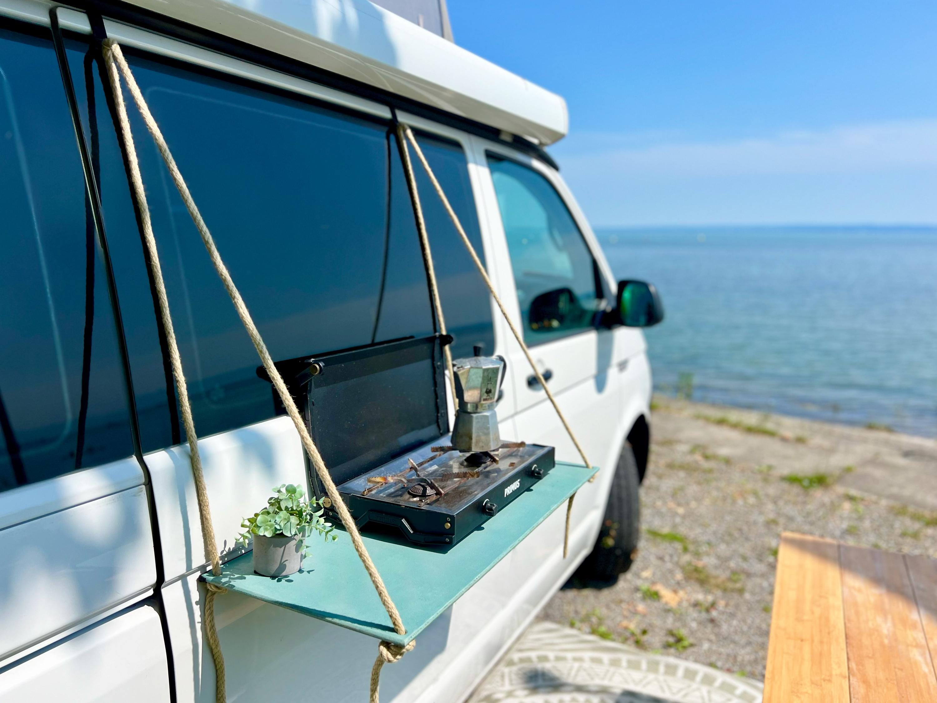 VW Bus van outdoor table outdoor kitchen camping vanlife van hanging outdoor table camping table cooking table hanging table hanging shelf bus shelf Defender