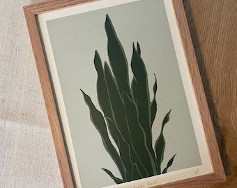 Schlange Pflanze Zimmerpflanze Siebdruck, Original Handveredelt, A5 | Sansevieria botanische Druck | Handgemachte Kunst | Wohndekor