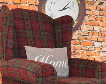 Queen Anne Wing Back Cottage Fireside Chair in Red Lana Tartan