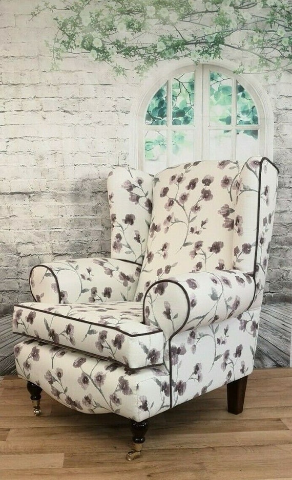 Queen Anne Wing Back Cottage Chair Purple/grey/cream Flower Etsy UK