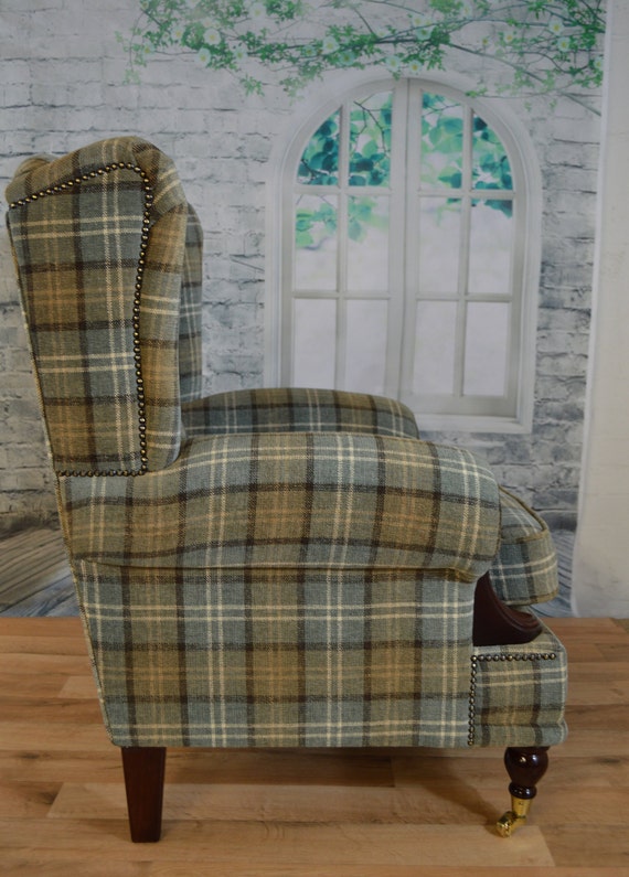Small Bedroom//Childrens Queen Anne Armchair in Blue Check Alderney Tartan Fabric