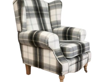 Queen Anne Wing Back Cottage Fireside Chair  Balmoral Charcoal  Tartan Light Wood legs