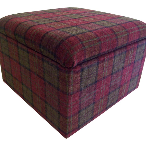 Storage Box / Footstool 20" x 20" Square 14" High Lift up lid - Lana Red Tartan Fabric