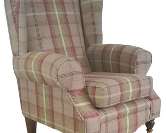 Queen Anne Wing Back Cottage Fireside Chair in Balmoral Heather Tartan Check Fabric - Dark Wood Brass Castor Legs